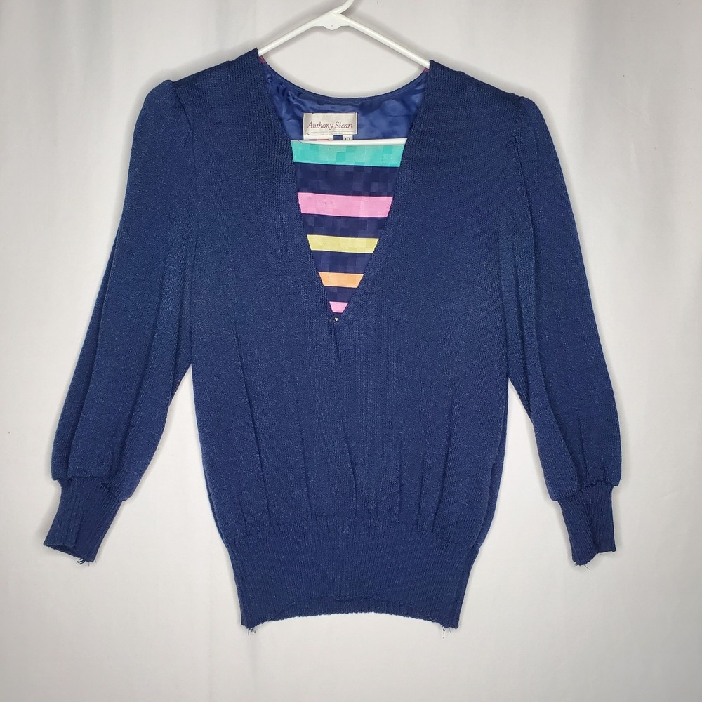 Anthony Sicari Vintage 80s Navy Blue Knit Sweater 10 Striped Inset‎ V-Neck